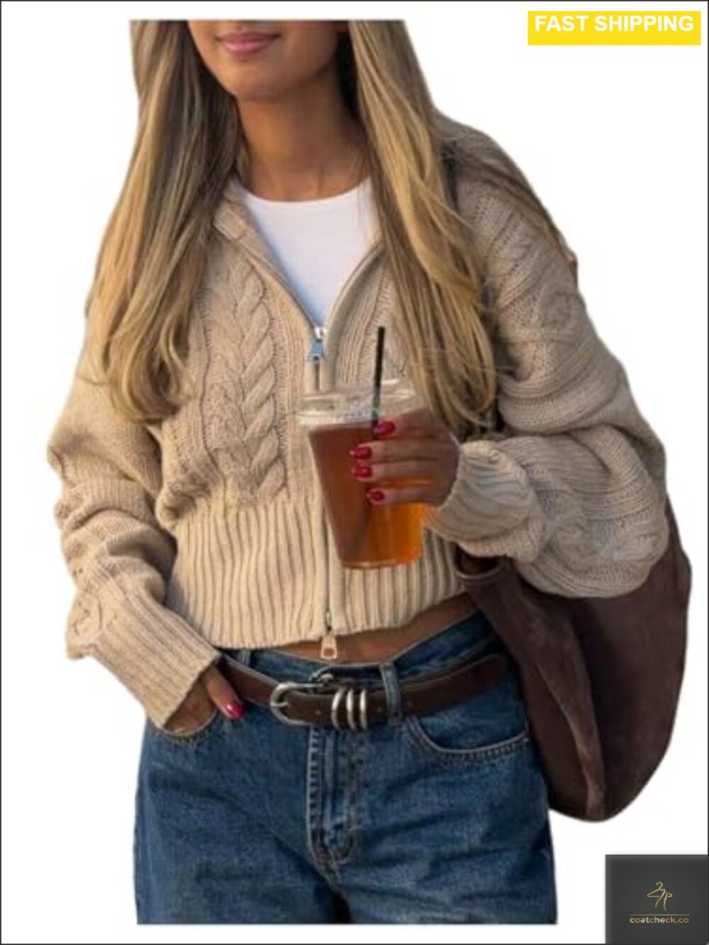 Cable Knit Cropped Zip Up Hooded Cardigan Sweater Oversized Y2k